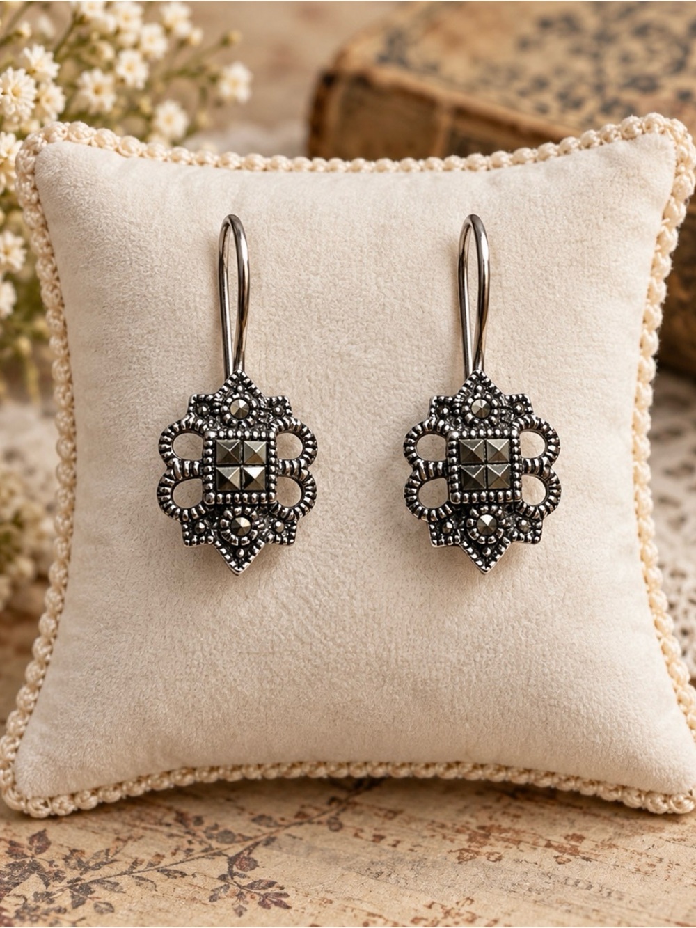 Earrings Vintage 925 Sterling Silver Marcasite Drop Feminine Ornate